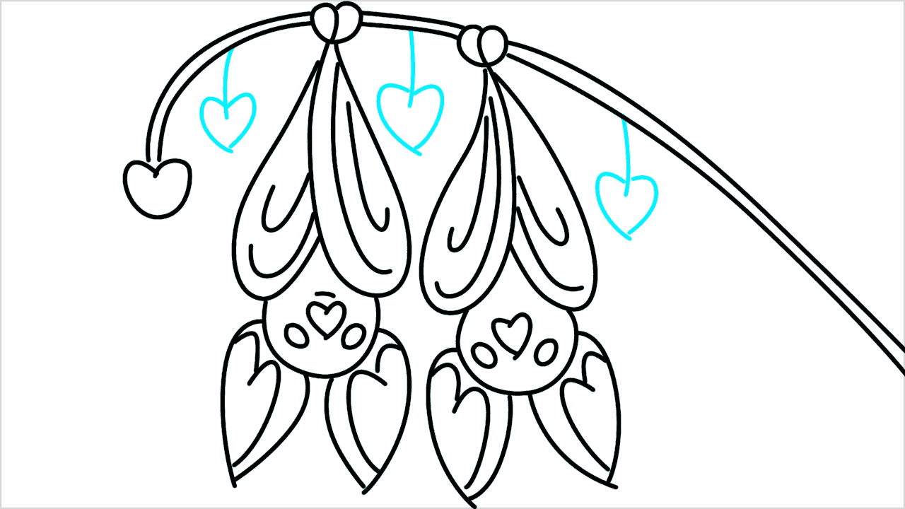 Cómo dibujar dos murciélagos colgando juntos de una pequeña rama paso a paso (14)